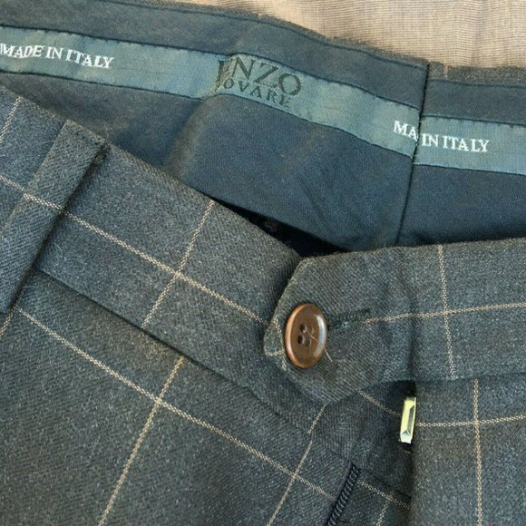 Brown Checkered Enzo Suit Virgin Wool 40R 30x30 Pant, Dress Shirt, Pocket Square - Picture 2 of 12